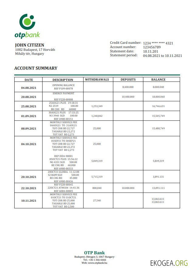 Relevé bancaire OTP de Hongrie